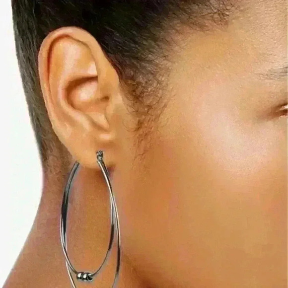 Style & Co Double Hoop Drop Earrings Silvertone - Picture 3 of 3